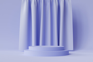 Cylinder shaped podium or pedestal for products or advertising on neutral blue background with curtains, minimal 3d illustration render