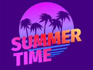 Summer time. Palm trees against a gradient sun in the style of the 80s. Synthwave and retrowave style. Design for advertising brochures, banners, posters, travel agencies. Vector illustration