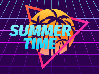 Summer time. 80s retro sci-fi palm trees on a sunset in a triangular frame. Synthwave and retro wave style. Design for advertising brochures, banners, posters, travel agencies. Vector illustration