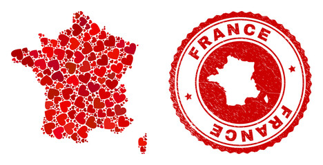 Collage France map created with red love hearts, and rubber stamp. Vector lovely round red rubber seal imitation with France map inside. Geographic abstraction of France map with red wedding symbols.