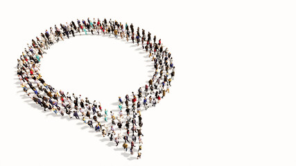 Concept conceptual large community of people forming the emplty cloud sign. 3d illustration metaphor for communication, online talking, chatting, internet discussion