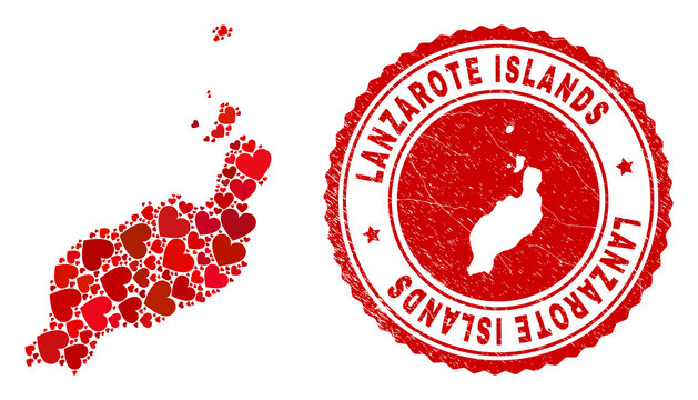 Collage Lanzarote Islands map formed with red love hearts, and scratched badge. Vector lovely round red rubber badge imprint with Lanzarote Islands map inside.