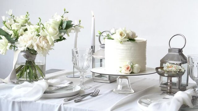 Close up of floral wedding decorations on table Slow Motion