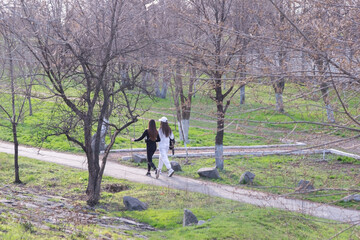 two girlfriends in black and white clothes walking in the park in spring against the background of trees
