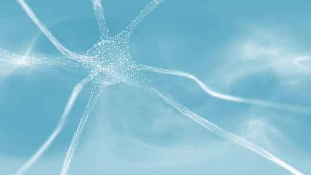 Artistic transparent flickering and glowing neuron brain cell on bright blue copy space background with smoke effect.
