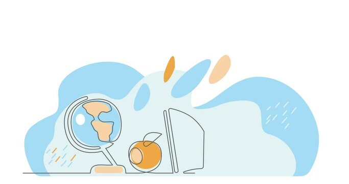 Globe, apple, open book and alarm clock. One line drawing. Graduation from school, online training, 4K video intro. Back to school.