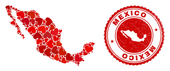 Mosaic Mexico map created with red love hearts, and textured badge. Vector lovely round red rubber badge imprint with Mexico map inside. Geographic abstraction of Mexico map with red wedding symbols.