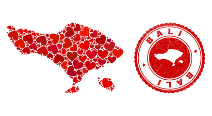 Collage Bali map composed from red love hearts, and rubber stamp. Vector lovely round red rubber stamp imitation with Bali map inside. Geographic abstraction of Bali map with red valentine symbols.