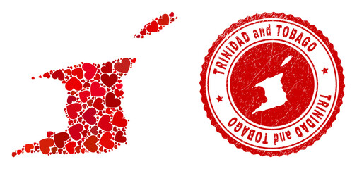 Collage Trinidad and Tobago map designed with red love hearts, and unclean badge. Vector lovely round red rubber badge imprint with Trinidad and Tobago map inside. - 433313036