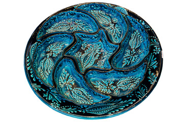 decorative plate with blue color pattern isolated on white background