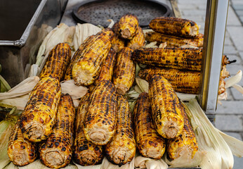 Corn grilled with salt and spices. Dark background. Fast food in the summer
