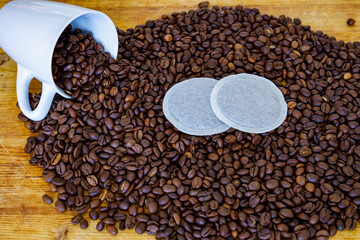 coffee beans and coffee pads