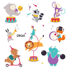 Circus Animals Performing Tricks with Raccoon Juggling and Monkey Somersaulting with Hula Hoop Vector Set