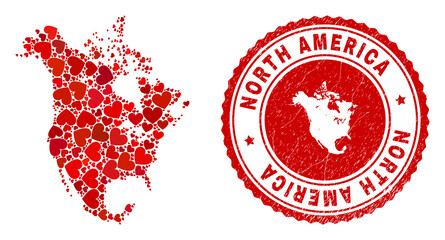 Collage North America v2 map formed from red love hearts, and dirty seal stamp. Vector lovely round red rubber seal stamp imitation with North America v2 map inside.