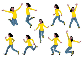 Nine isolated vector figures of a black teenager girl running. jumping, dancing, raising hands