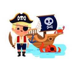 Cartoon Pirate, Illustrated Pirate theme, Pirate Captain, Pirate ship vector, Pirate character, Pirate Children's Illustration