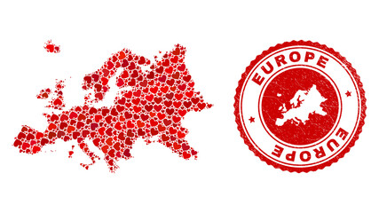 Fototapeta premium Collage Europe map created from red love hearts, and dirty seal stamp. Vector lovely round red rubber seal stamp imitation with Europe map inside.