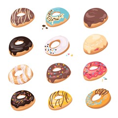 Top View Donuts isolated on white background. Doughnuts in colorful glaze, kids sweets assorted, pastry for menu design