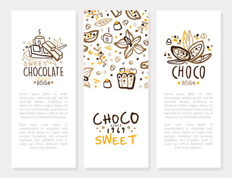 Sweet Chocolate Card Templates Original Design Set, Sweet Desserts Brochure, Booklet, Banner with Text Vector Illustration