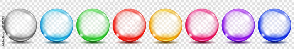 Poster set of translucent colored spheres with glares and shadows on transparent background. transparency o