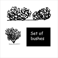 Set of bushes and trees vector illustration. Black trees doodles isolated on white background.