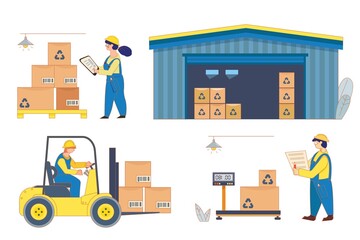 Premises for storing goods, warehouse. Container ship workers. Loading, stacking goods. Electric forklifts