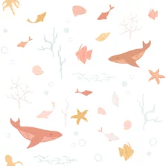 Photo sur Plexiglas  Animaux marins Modèle sans couture avec le monde sous-marin. Belle illustration avec des poissons, des coquillages et des baleines. Couleurs jaune pastel, bleu clair et rose. Animaux aquatiques, plantes marines. Imprimé bébé scandinave.