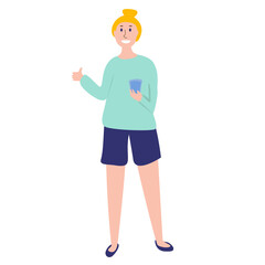 Vector illustration cartoon of girl holding glass of water and showing thumb up. For web, posters, banners, flyers,etc