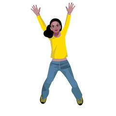 African joyful teenager girl jumping with her hands up