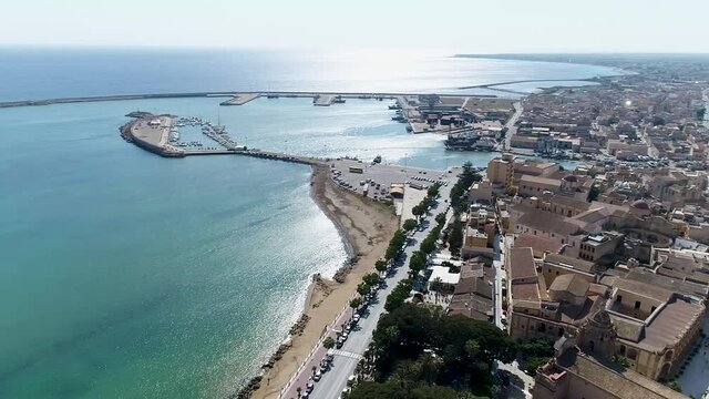aerial view of the sea and the fishing port of Mazara del Vallo in the province of Trapani, Sicily on a sunny day