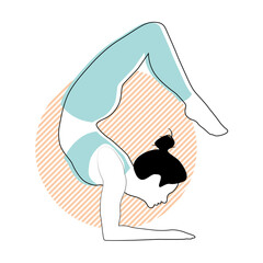 Woman practicing yoga poses on abstract peach background. Flat cartoon colored vector illustration