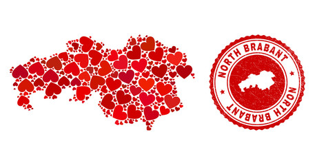 Mosaic North Brabant Province map created from red love hearts, and textured seal stamp. Vector lovely round red rubber seal imprint with North Brabant Province map inside.
