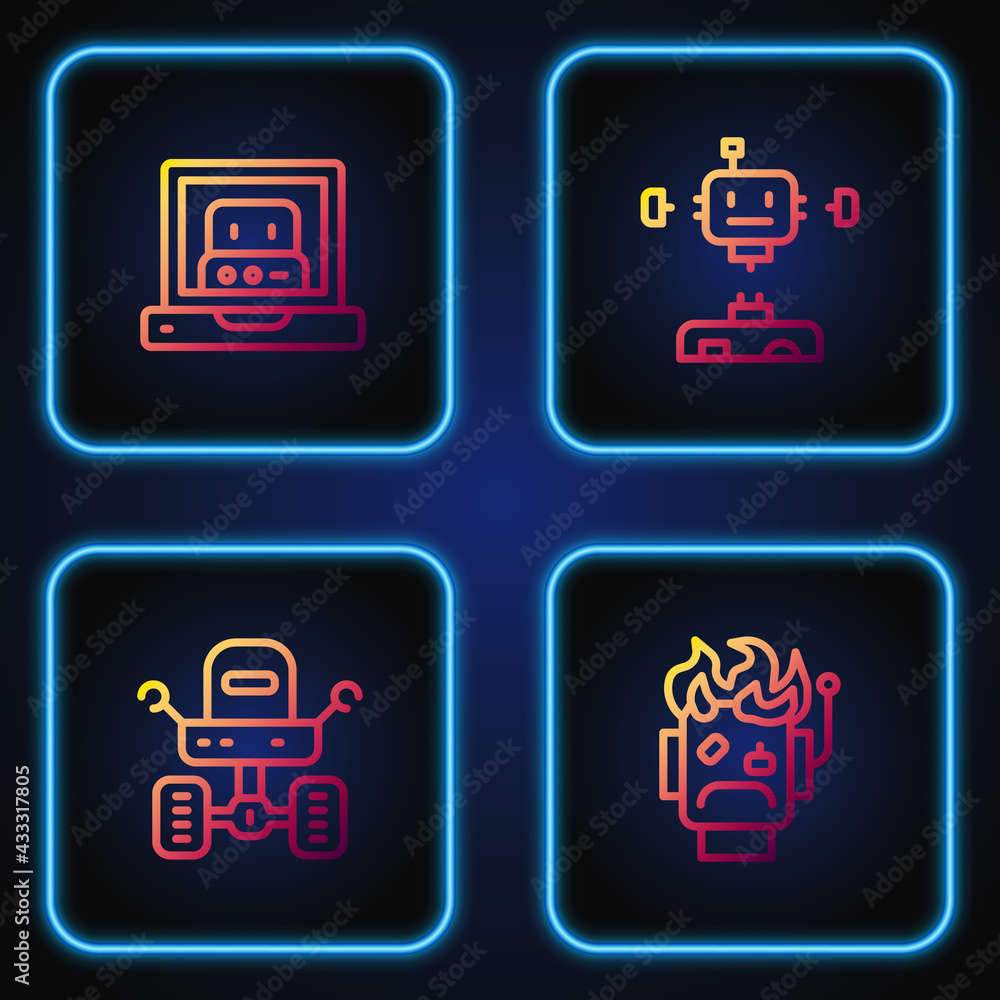 Aufkleber set line robot burned out, mars rover, creating robot and disassembled. gradient color icons. vector