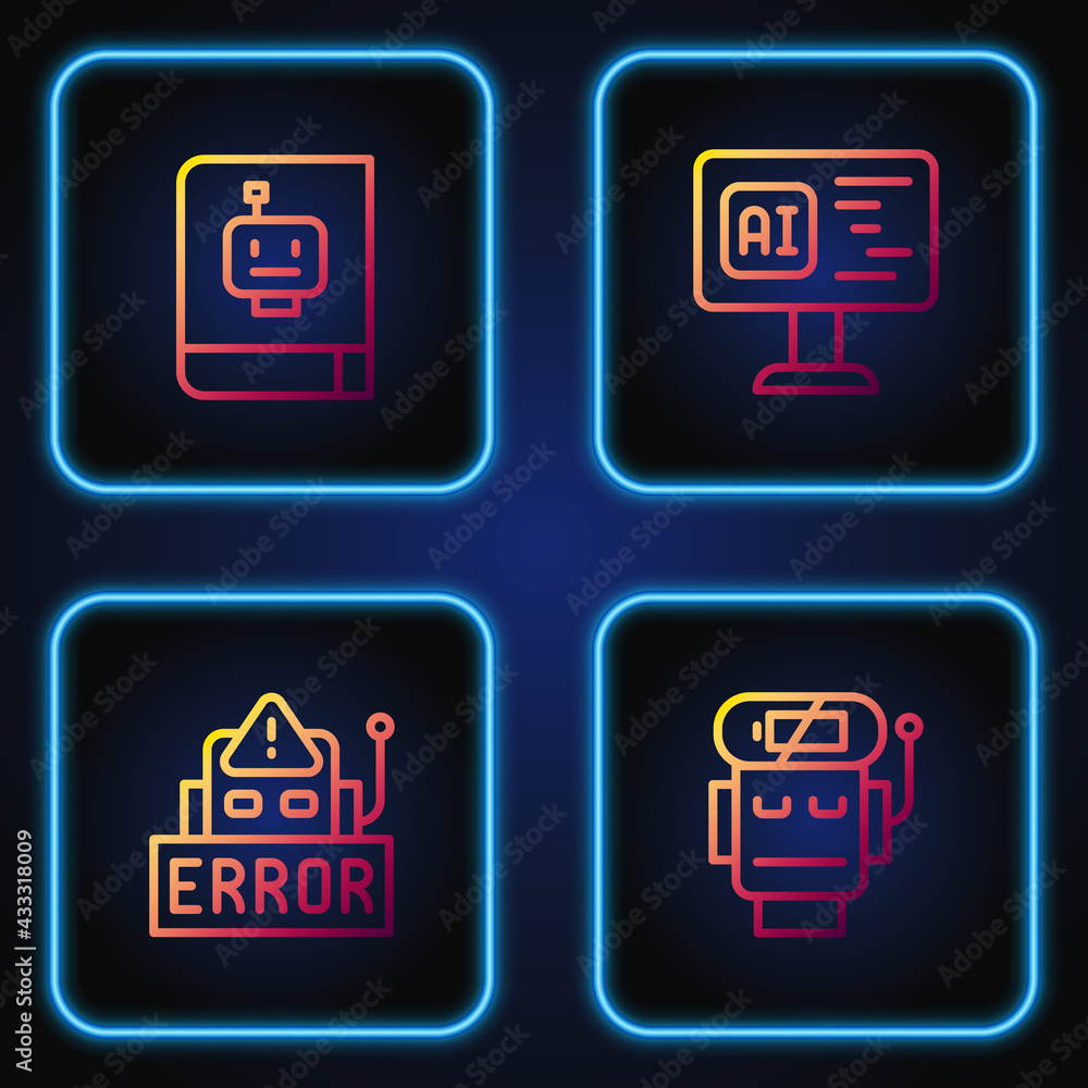 Poster set line robot low battery charge, error in robot, user manual and software. gradient color icons. v