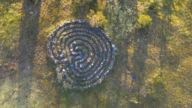 Top view of a spiral labyrinth made of stones