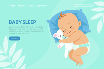 Baby Sleep Landing Page Template, Adorable Baby in Diaper Sleeping on Pillow Website, Web Page Design Vector Illustration