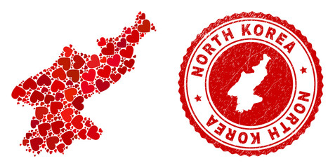 Collage North Korea map composed with red love hearts, and rubber seal. Vector lovely round red rubber seal stamp imitation with North Korea map inside.