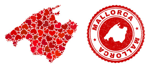 Mosaic Mallorca map designed from red love hearts, and rubber stamp. Vector lovely round red rubber stamp imitation with Mallorca map inside. - 433318893