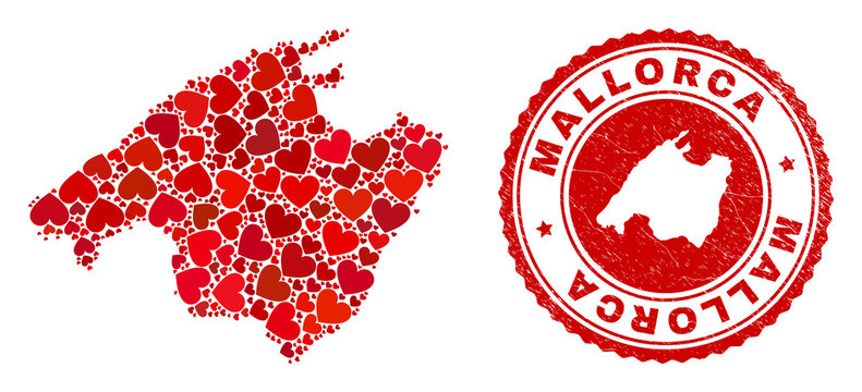 Mosaic Mallorca map designed from red love hearts, and rubber stamp. Vector lovely round red rubber stamp imitation with Mallorca map inside.