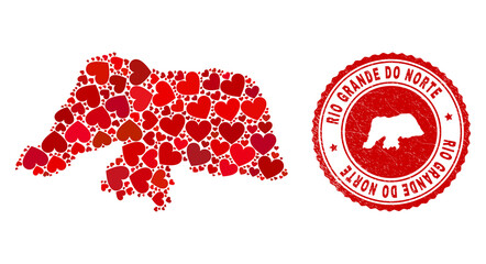 Mosaic Rio Grande do Norte State map composed from red love hearts, and rubber seal stamp. Vector lovely round red rubber seal stamp imprint with Rio Grande do Norte State map inside.