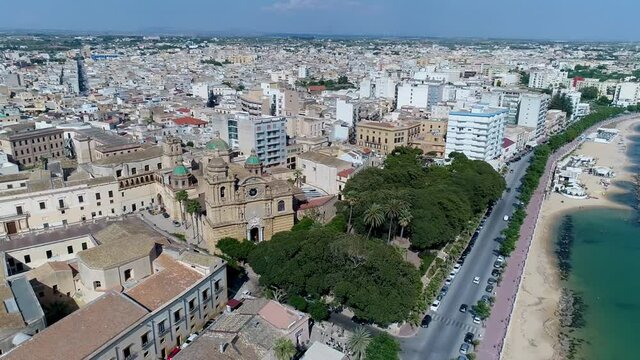 aerial view with drone of the cathedral of SS Salvatore in Mazara del Vallo, Province of Trapani, Sicily