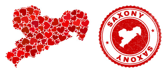 Mosaic Saxony Land map composed with red love hearts, and unclean stamp. Vector lovely round red rubber seal stamp imitation with Saxony Land map inside.