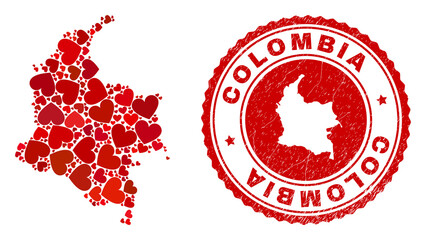 Collage Colombia map formed with red love hearts, and unclean seal stamp. Vector lovely round red rubber stamp imprint with Colombia map inside.