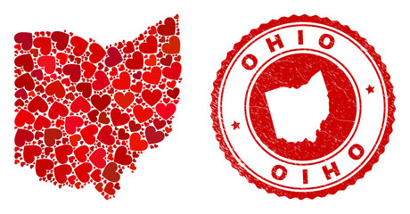 Collage Ohio State map designed from red love hearts, and rubber stamp. Vector lovely round red rubber stamp imprint with Ohio State map inside. - obrazy, fototapety, plakaty