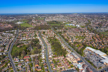 Aerial photo of the British town of Meanwood in Leeds West Yorkshire showing typical UK housing...
