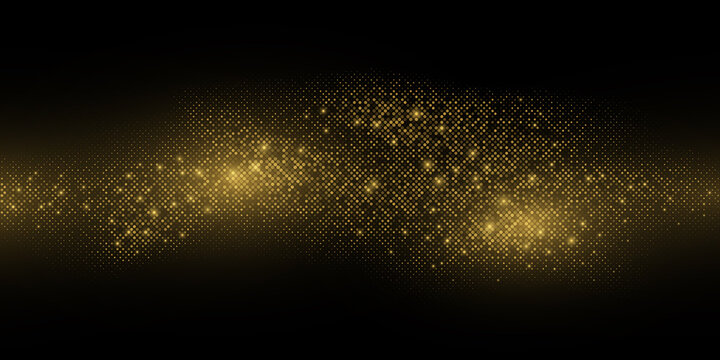 Abstract luxury background. Golden glittering dots. Sparkling round particles in the dark. Halftone effect. Magical dust. Vector illustration.