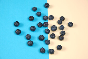 Blueberries haphazardly arranged on blue and cream background