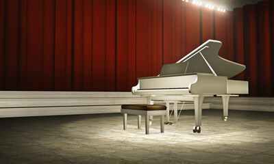 Music stage template with a white grand piano. A 3D illustration music concept