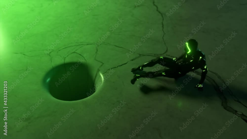 Poster the alien character resists the pull of a black hole with a moving marble texture. abstract composit