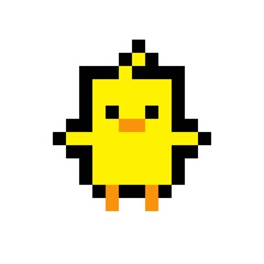 Duck pixel art. Vector picture. Pixel art style yellow duck icon. Vector illustration.